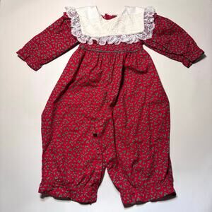 Vintage Bryan Romper Red Green Christmas Holly Jumpsuit Mistletoe Bib 6-9 Months